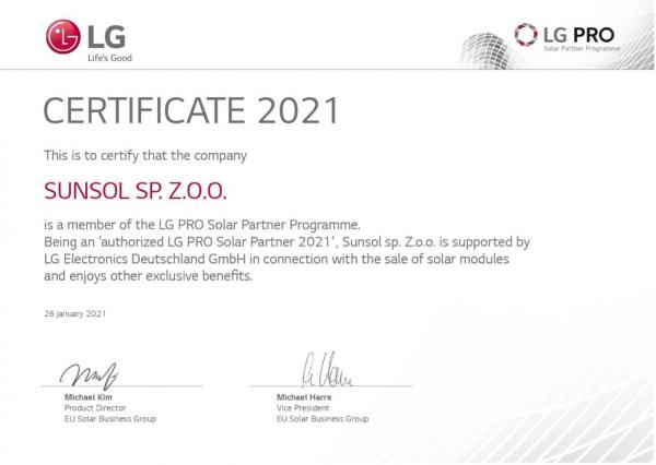 Certyfikat SunSol LG Pro